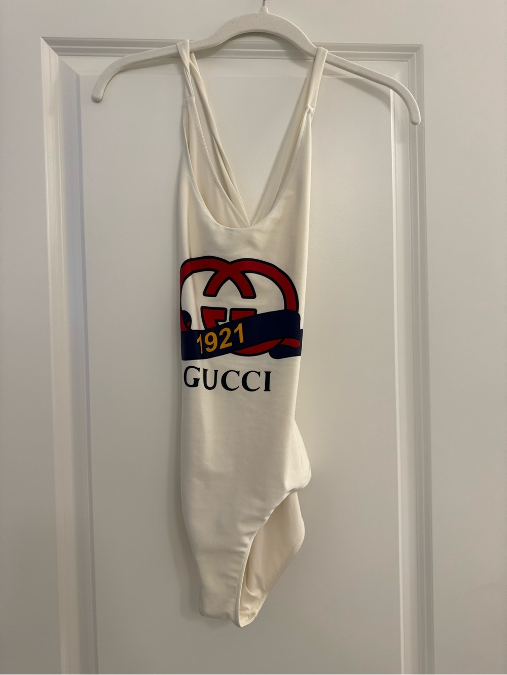Gucci Cream Bandeau Bodysuit with Navy & Red Star Accents